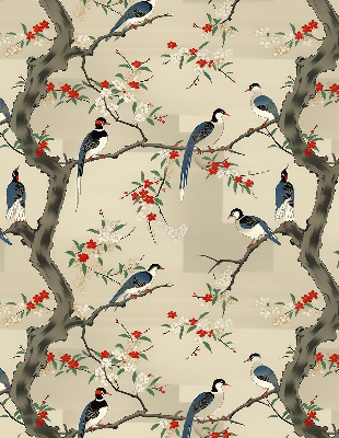 Store enrouleur occultant avec motif d'oiseaux sur un arbre