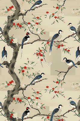Store enrouleur occultant avec motif d'oiseaux sur un arbre
