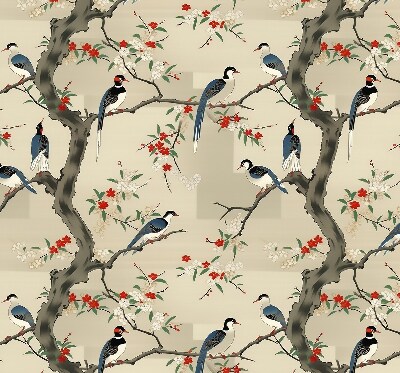 Store enrouleur occultant avec motif d'oiseaux sur un arbre
