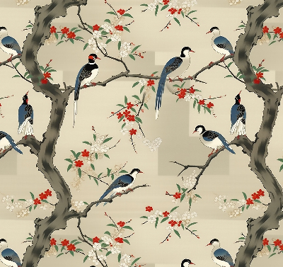 Store enrouleur occultant avec motif d'oiseaux sur un arbre