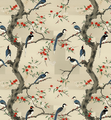 Store enrouleur occultant avec motif d'oiseaux sur un arbre