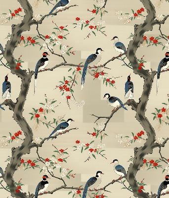 Store enrouleur occultant avec motif d'oiseaux sur un arbre