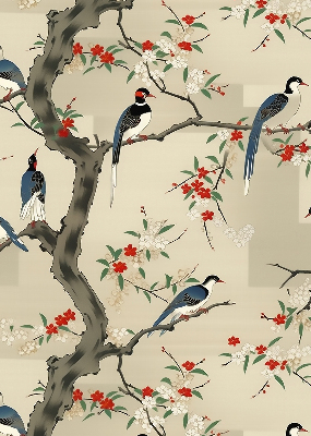 Store enrouleur occultant avec motif d'oiseaux sur un arbre