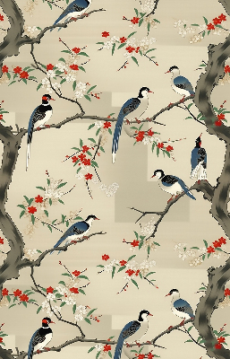 Store enrouleur occultant avec motif d'oiseaux sur un arbre