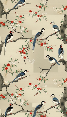 Store enrouleur occultant avec motif d'oiseaux sur un arbre