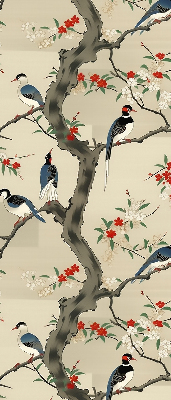 Store enrouleur occultant avec motif d'oiseaux sur un arbre