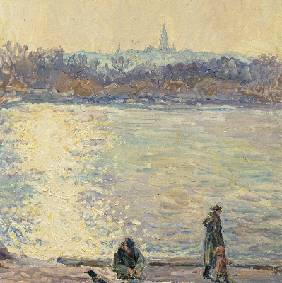 Store occultant fenêtre des gens sur l'eau