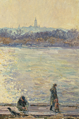 Store occultant fenêtre des gens sur l'eau