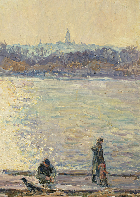 Store occultant fenêtre des gens sur l'eau