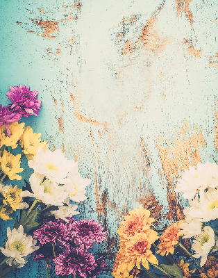 Store fenêtre intérieur avec des fleurs sur fond bleu