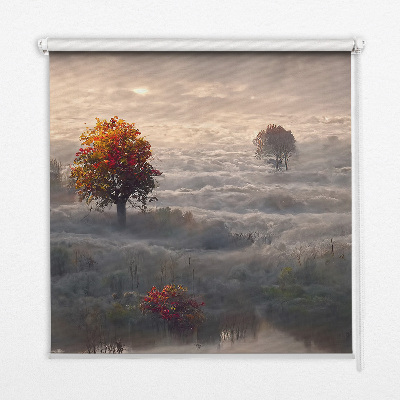 Store fenêtre intérieur avec motif d’arbres dans le brouillard