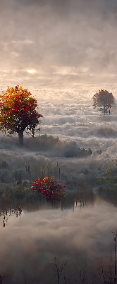 Store fenêtre intérieur avec motif d’arbres dans le brouillard