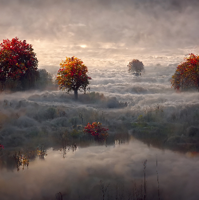 Store fenêtre intérieur avec motif d’arbres dans le brouillard