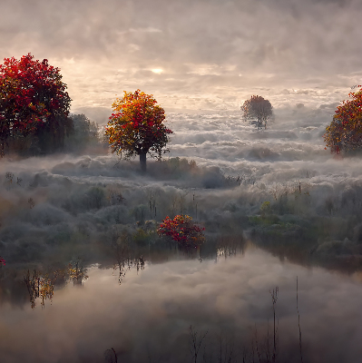 Store fenêtre intérieur avec motif d’arbres dans le brouillard