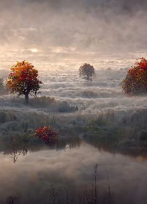 Store fenêtre intérieur avec motif d’arbres dans le brouillard