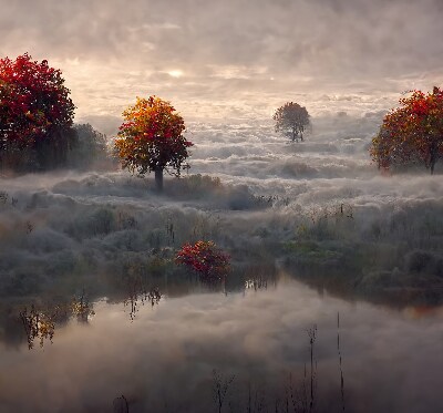 Store fenêtre intérieur avec motif d’arbres dans le brouillard