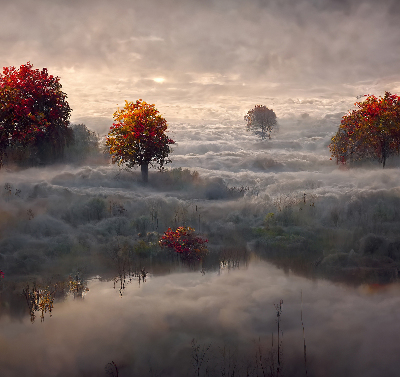 Store fenêtre intérieur avec motif d’arbres dans le brouillard