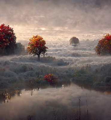 Store fenêtre intérieur avec motif d’arbres dans le brouillard