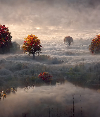 Store fenêtre intérieur avec motif d’arbres dans le brouillard