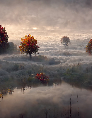 Store fenêtre intérieur avec motif d’arbres dans le brouillard