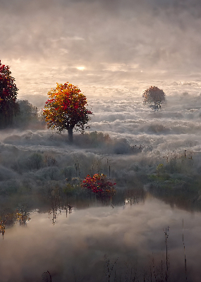 Store fenêtre intérieur avec motif d’arbres dans le brouillard