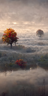 Store fenêtre intérieur avec motif d’arbres dans le brouillard
