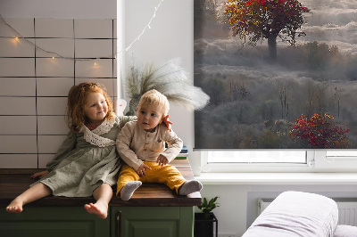 Store fenêtre intérieur avec motif d’arbres dans le brouillard