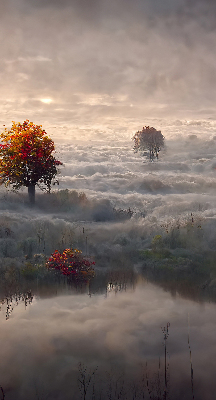 Store fenêtre intérieur avec motif d’arbres dans le brouillard