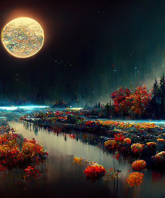 Store occultant fenêtre rivière au clair de lune