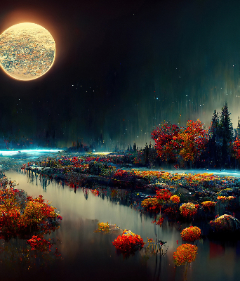 Store occultant fenêtre rivière au clair de lune