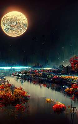 Store occultant fenêtre rivière au clair de lune