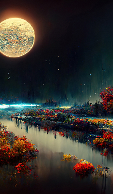 Store occultant fenêtre rivière au clair de lune