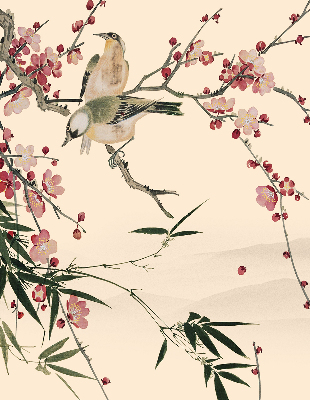 Store enrouleur occultant à fleurs de cerisier et oiseaux