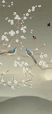 Store occultant fenêtre avec motif d’oiseaux posés sur une branche