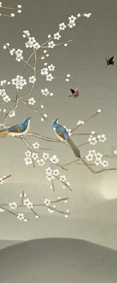Store occultant fenêtre avec motif d’oiseaux posés sur une branche
