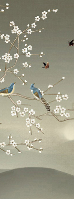 Store occultant fenêtre avec motif d’oiseaux posés sur une branche