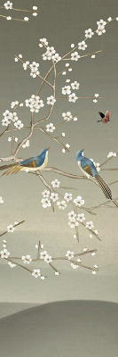 Store occultant fenêtre avec motif d’oiseaux posés sur une branche