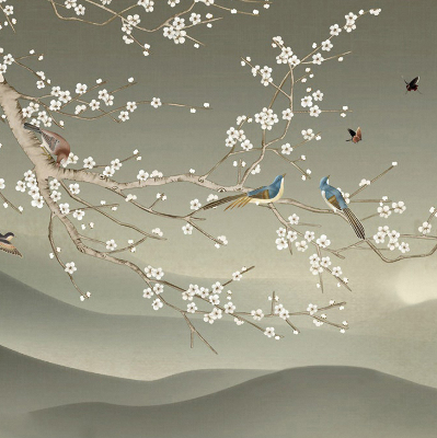 Store occultant fenêtre avec motif d’oiseaux posés sur une branche