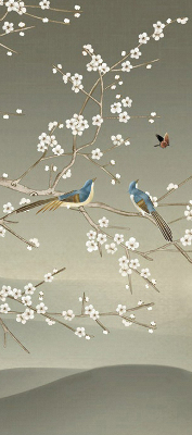 Store occultant fenêtre avec motif d’oiseaux posés sur une branche