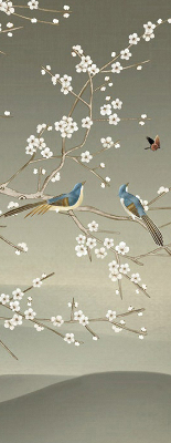 Store occultant fenêtre avec motif d’oiseaux posés sur une branche
