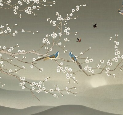 Store occultant fenêtre avec motif d’oiseaux posés sur une branche