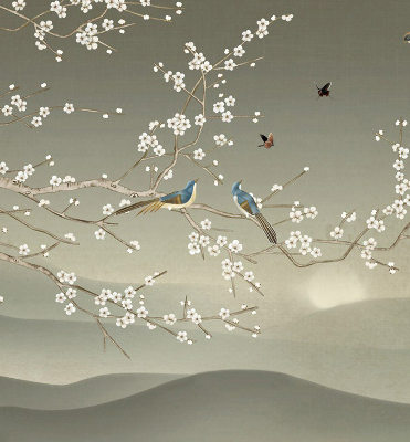 Store occultant fenêtre avec motif d’oiseaux posés sur une branche