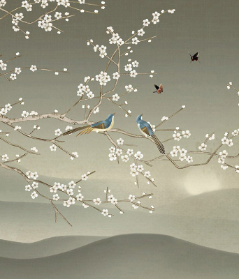 Store occultant fenêtre avec motif d’oiseaux posés sur une branche