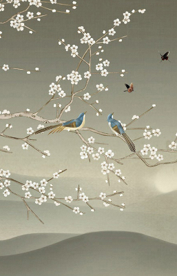 Store occultant fenêtre avec motif d’oiseaux posés sur une branche