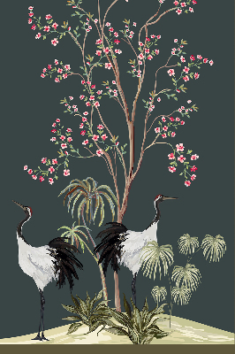 Store occultant fenêtre avec motif d’oiseaux près du rosier
