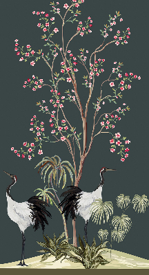 Store occultant fenêtre avec motif d’oiseaux près du rosier