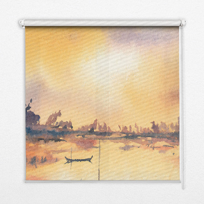Store occultant fenêtre coucher de soleil sur le lac