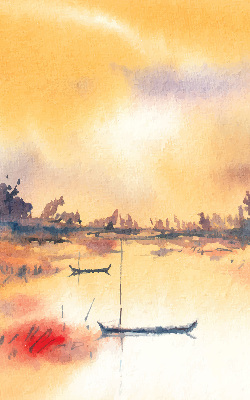 Store occultant fenêtre coucher de soleil sur le lac
