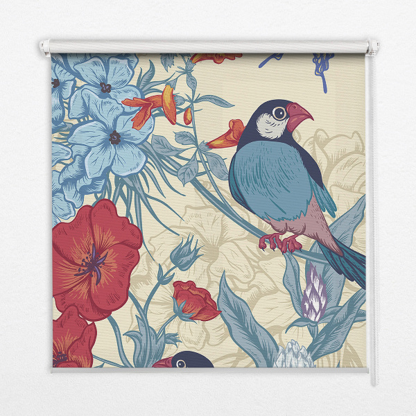 Store fenêtre intérieur des oiseaux parmi les fleurs