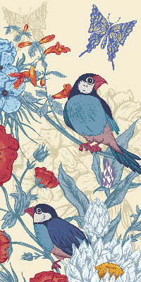 Store fenêtre intérieur des oiseaux parmi les fleurs